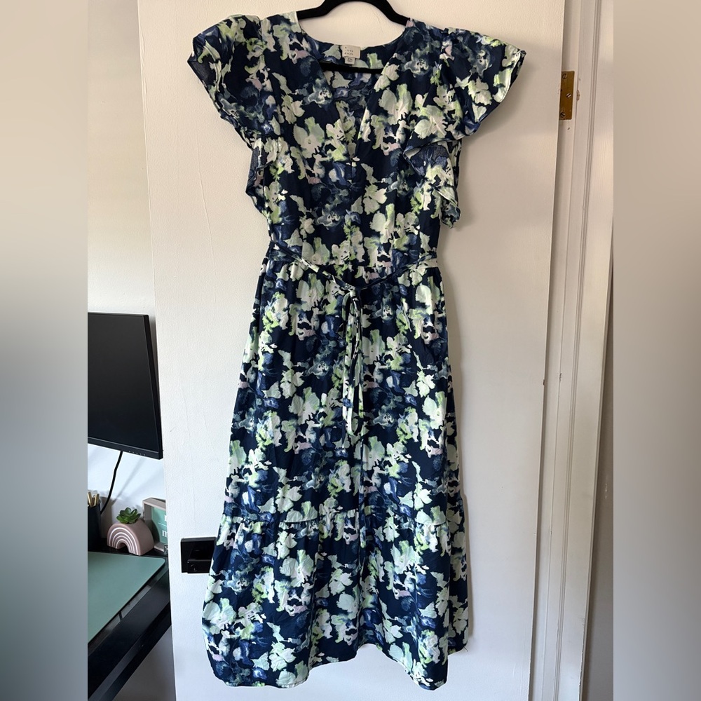A New Day Dress Women's XXL Flutter Short Sleeve Poplin Tiered Midi Navy Floral